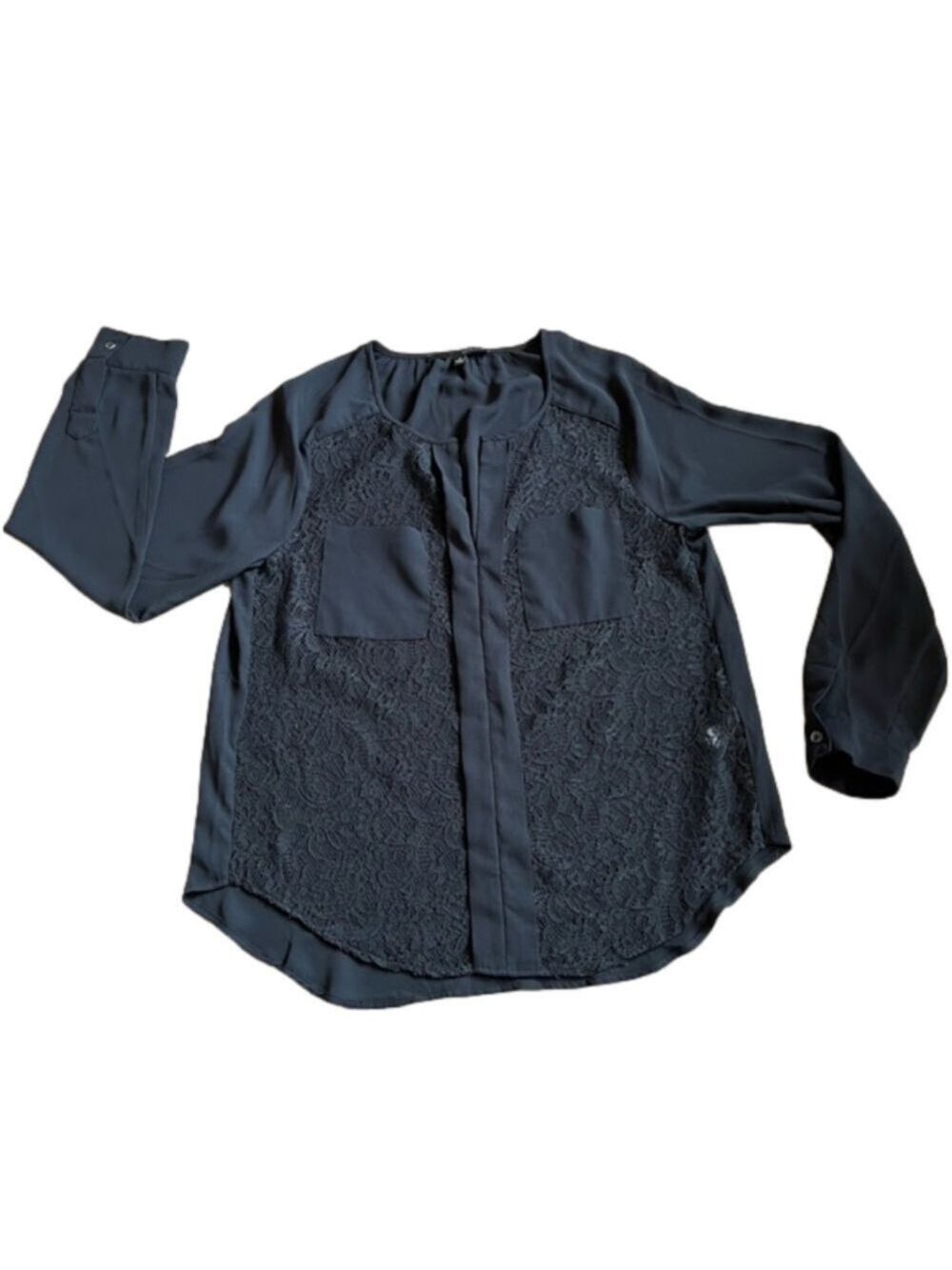 HARVÉ BENARD Black Lace Blouse with Pockets, Size Medium
